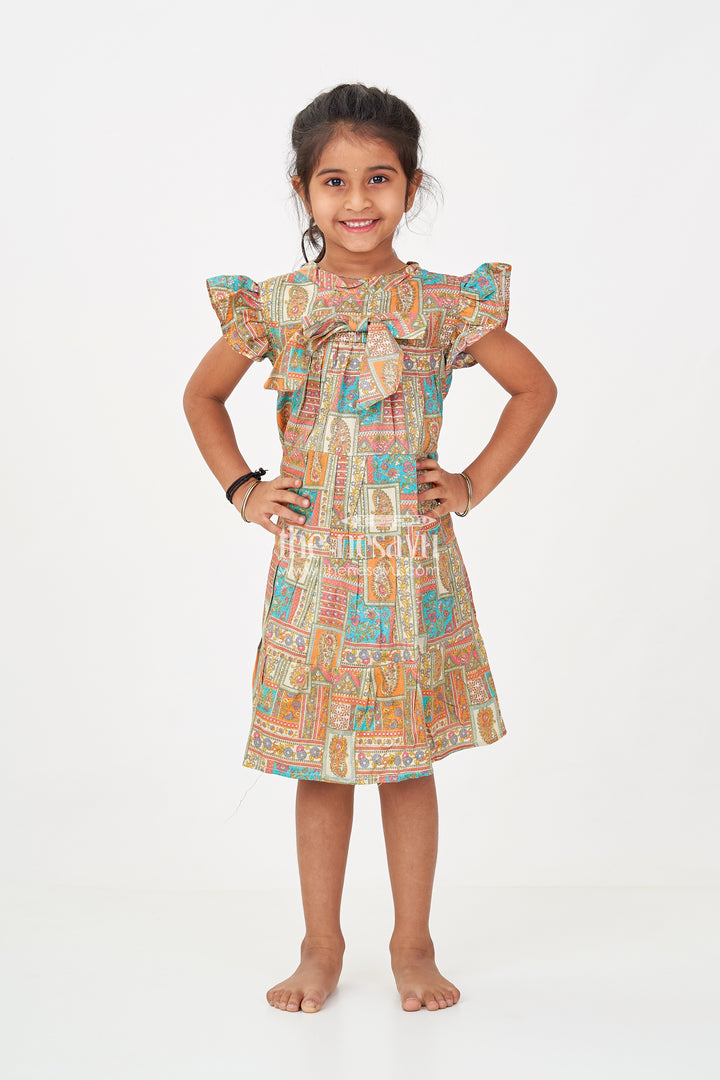 Frock Dresses for Girls in Pure Cotton with Multicolor Ethnic Digital Print and Ruffle Details