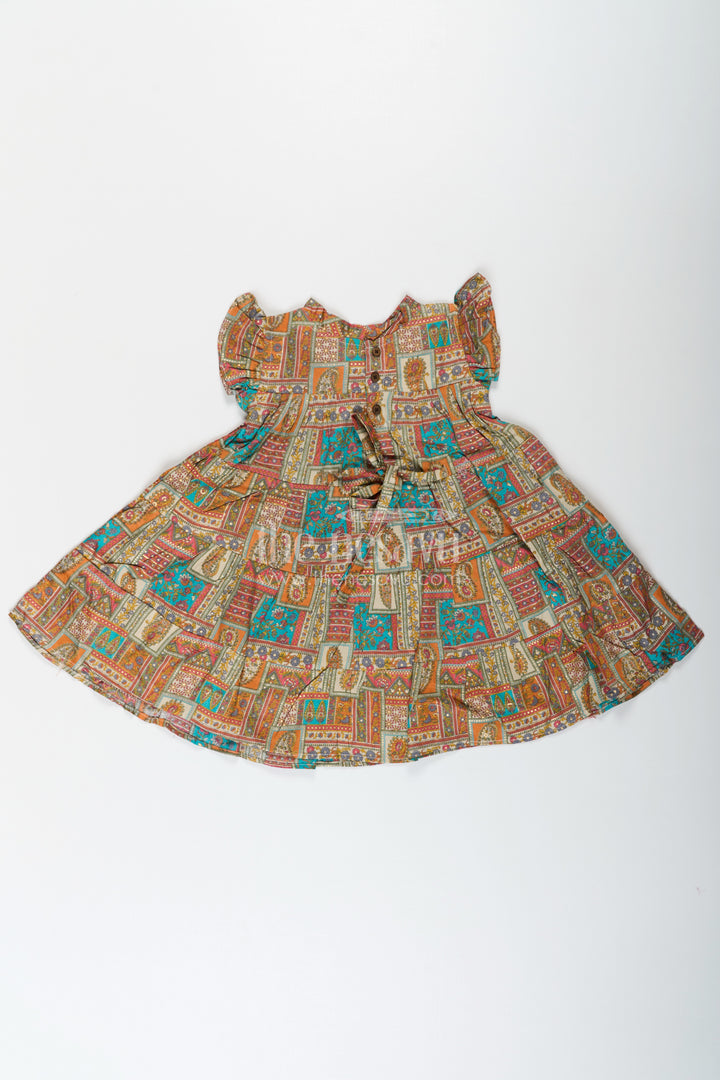 Frock Dresses for Girls in Pure Cotton with Multicolor Ethnic Digital Print and Ruffle Details