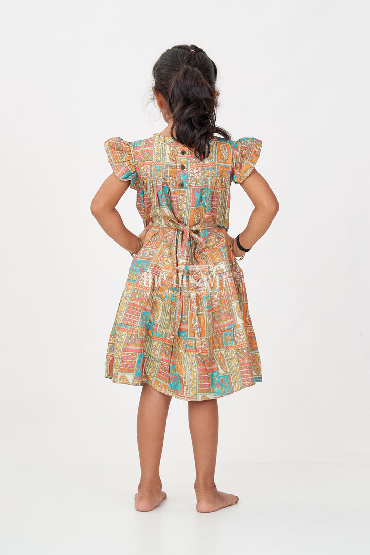 Frock Dresses for Girls in Pure Cotton with Multicolor Ethnic Digital Print and Ruffle Details