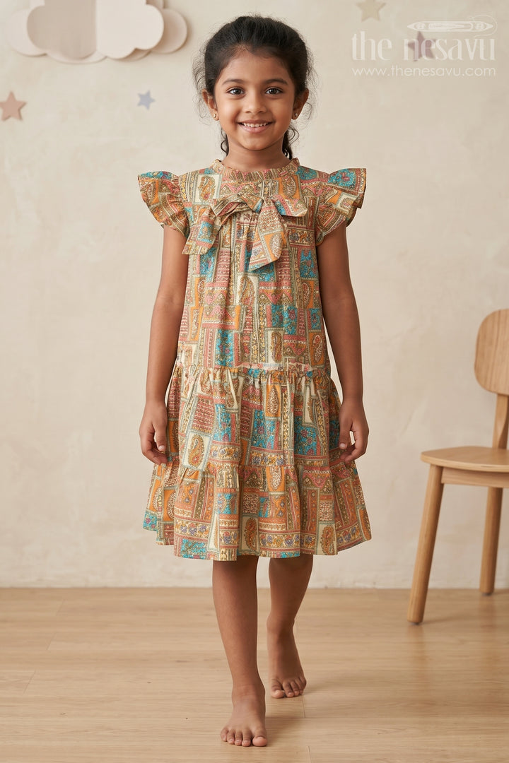 Frock Dresses for Girls in Pure Cotton with Multicolor Ethnic Digital Print and Ruffle Details