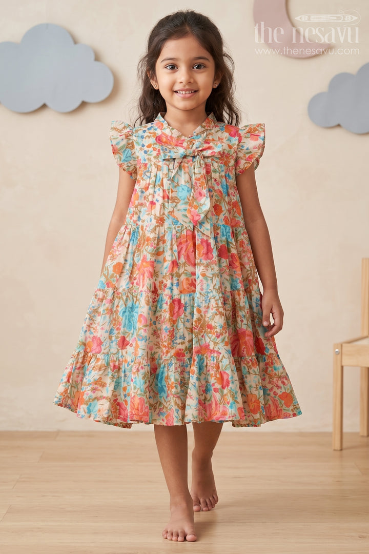 Baby Girls Cotton Frock in Floral Digital Print with Ruffle Sleeves and Front Bow
