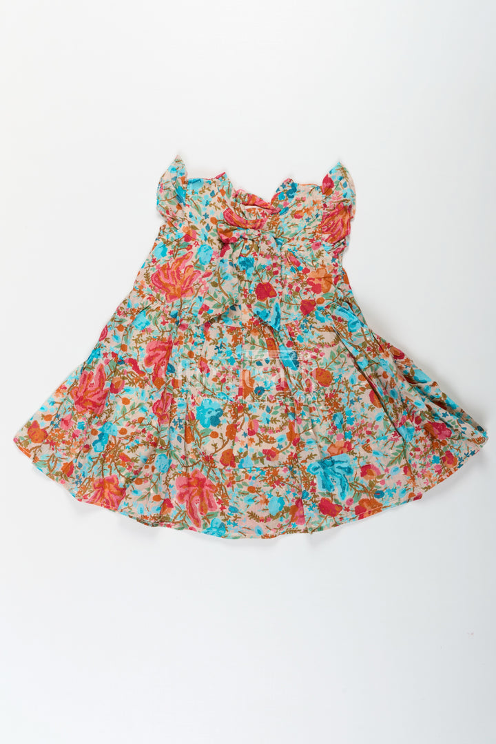 Baby Girls Cotton Frock in Floral Digital Print with Ruffle Sleeves and Front Bow