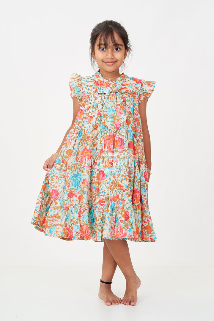 Baby Girls Cotton Frock in Floral Digital Print with Ruffle Sleeves and Front Bow