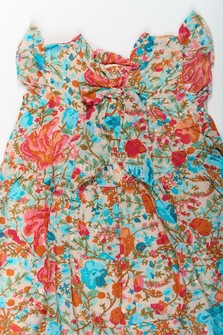 Baby Girls Cotton Frock in Floral Digital Print with Ruffle Sleeves and Front Bow