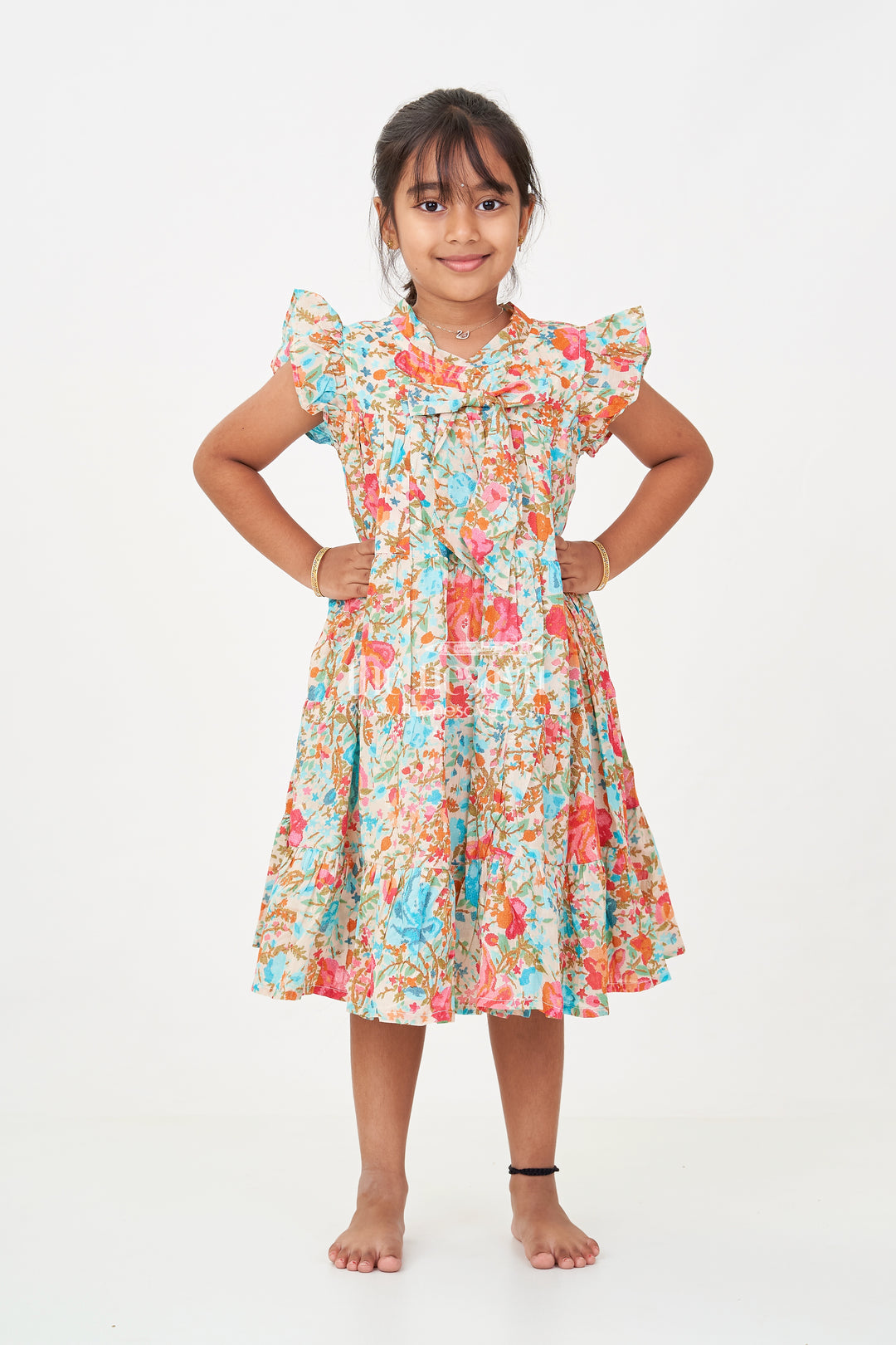 Baby Girls Cotton Frock in Floral Digital Print with Ruffle Sleeves and Front Bow