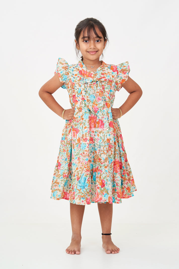 Baby Girls Cotton Frock in Floral Digital Print with Ruffle Sleeves and Front Bow