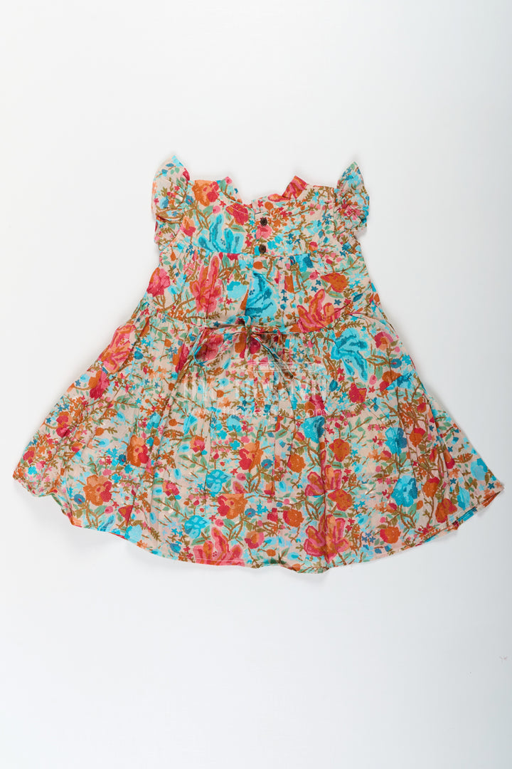 Baby Girls Cotton Frock in Floral Digital Print with Ruffle Sleeves and Front Bow