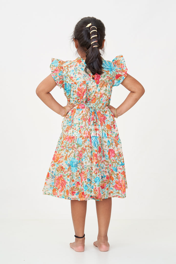 Baby Girls Cotton Frock in Floral Digital Print with Ruffle Sleeves and Front Bow
