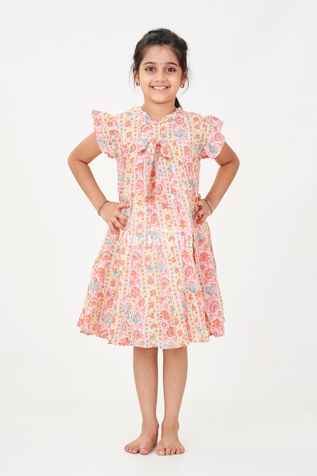 Party Frock for Toddler Girls in Cotton with Floral Digital Print and Ruffle Detailing