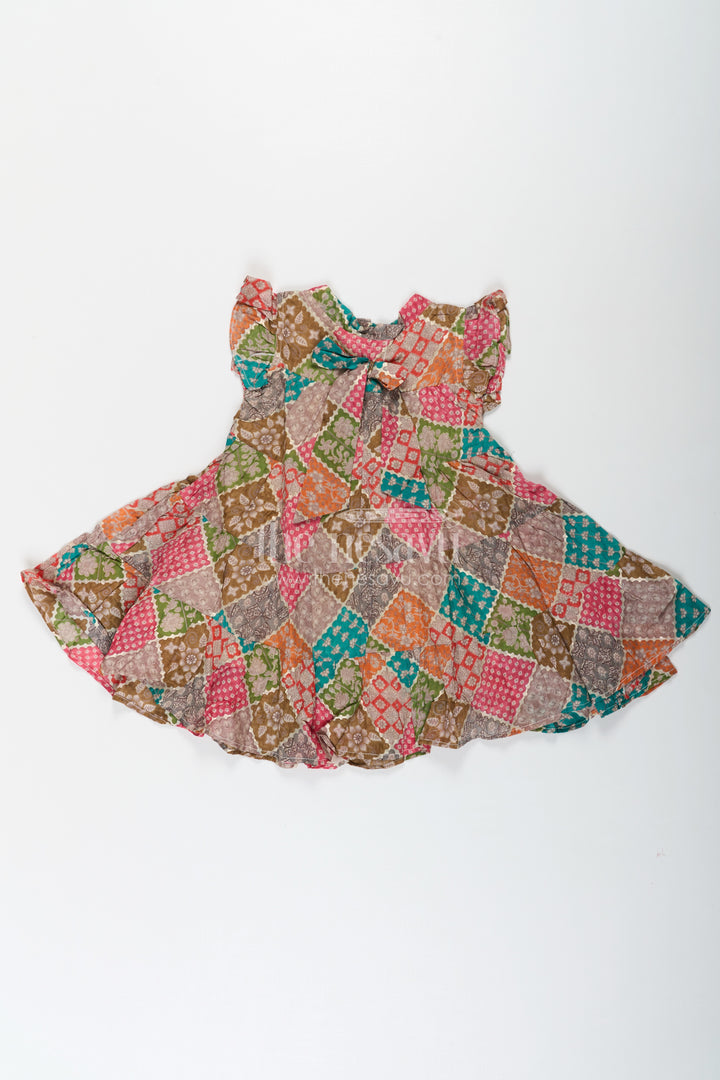 Designer Party Wear Frock for Girls in Cotton with Multicolor Patch Digital Print and Frilled Sleeves