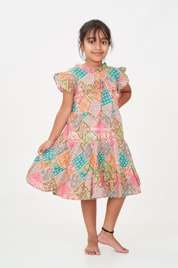 Designer Party Wear Frock for Girls in Cotton with Multicolor Patch Digital Print and Frilled Sleeves
