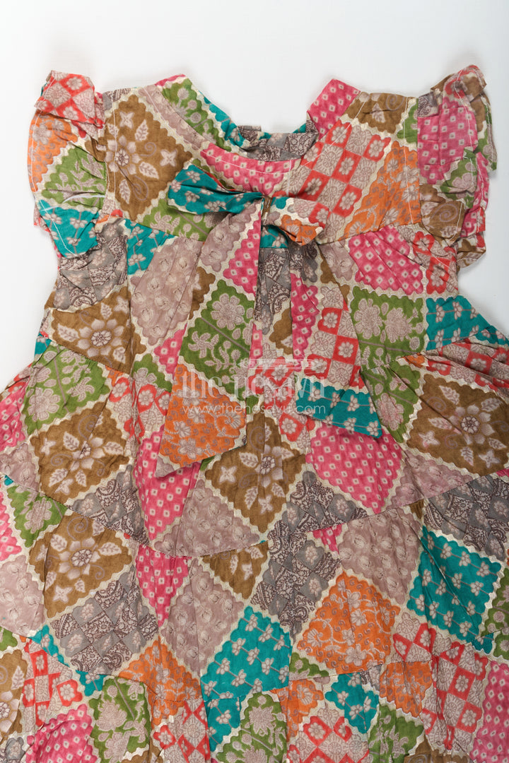 Designer Party Wear Frock for Girls in Cotton with Multicolor Patch Digital Print and Frilled Sleeves