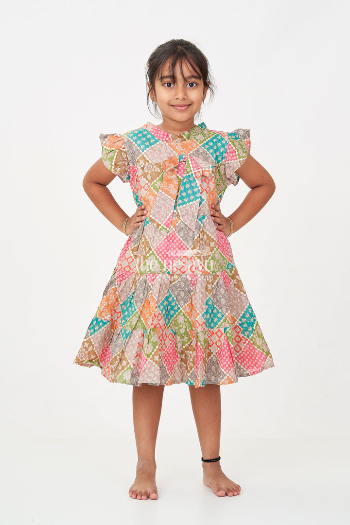 Designer Party Wear Frock for Girls in Cotton with Multicolor Patch Digital Print and Frilled Sleeves
