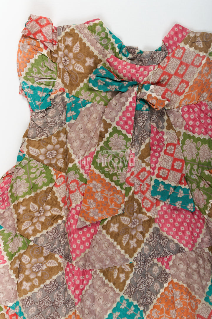 Designer Party Wear Frock for Girls in Cotton with Multicolor Patch Digital Print and Frilled Sleeves