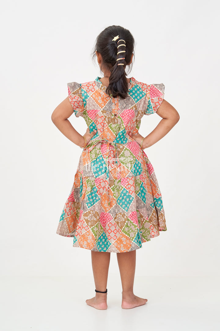 Designer Party Wear Frock for Girls in Cotton with Multicolor Patch Digital Print and Frilled Sleeves