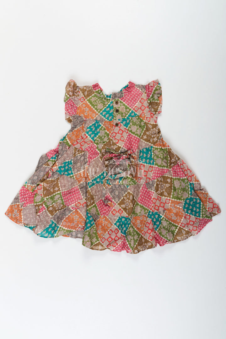 Designer Party Wear Frock for Girls in Cotton with Multicolor Patch Digital Print and Frilled Sleeves