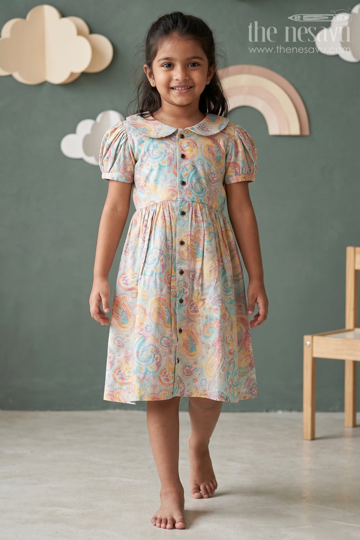 Girls Cotton Wear Dress with Vibrant Paisley Digital Prints and Pleated Waist for Casual Comfort