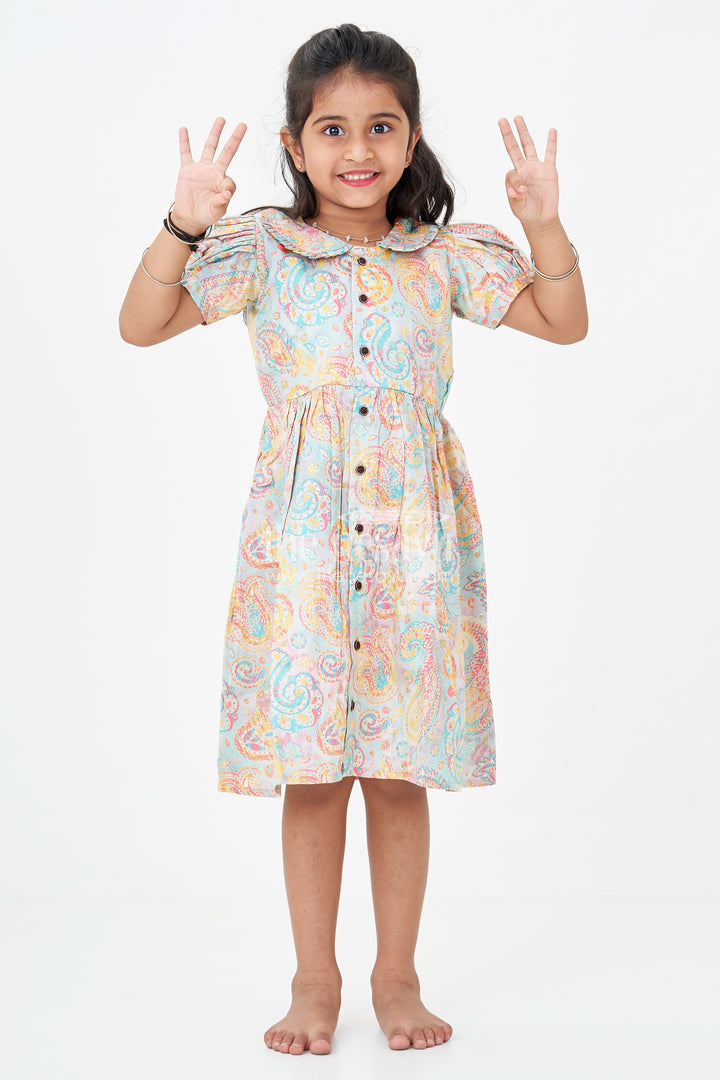 Girls Cotton Wear Dress with Vibrant Paisley Digital Prints and Pleated Waist for Casual Comfort