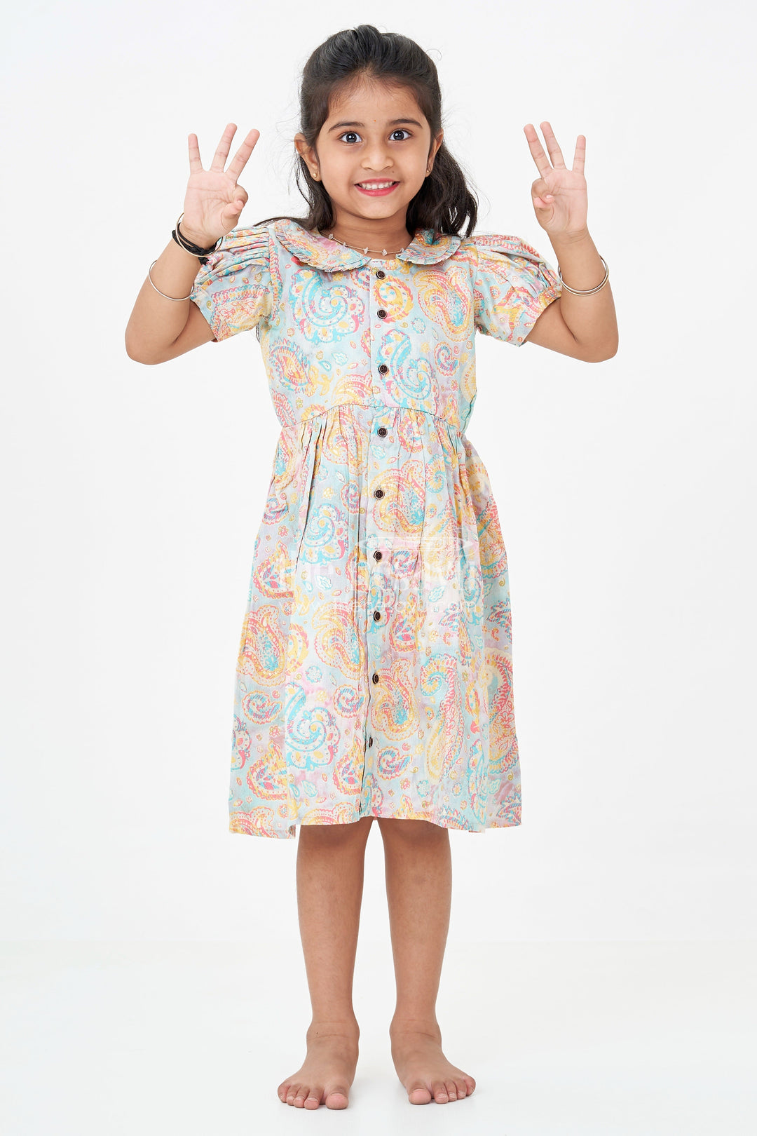 Girls Cotton Wear Dress with Vibrant Paisley Digital Prints and Pleated Waist for Casual Comfort