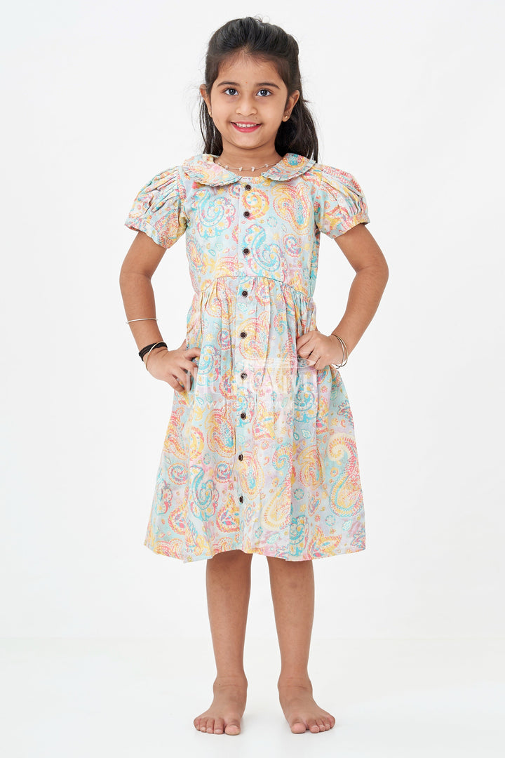 Girls Cotton Wear Dress with Vibrant Paisley Digital Prints and Pleated Waist for Casual Comfort