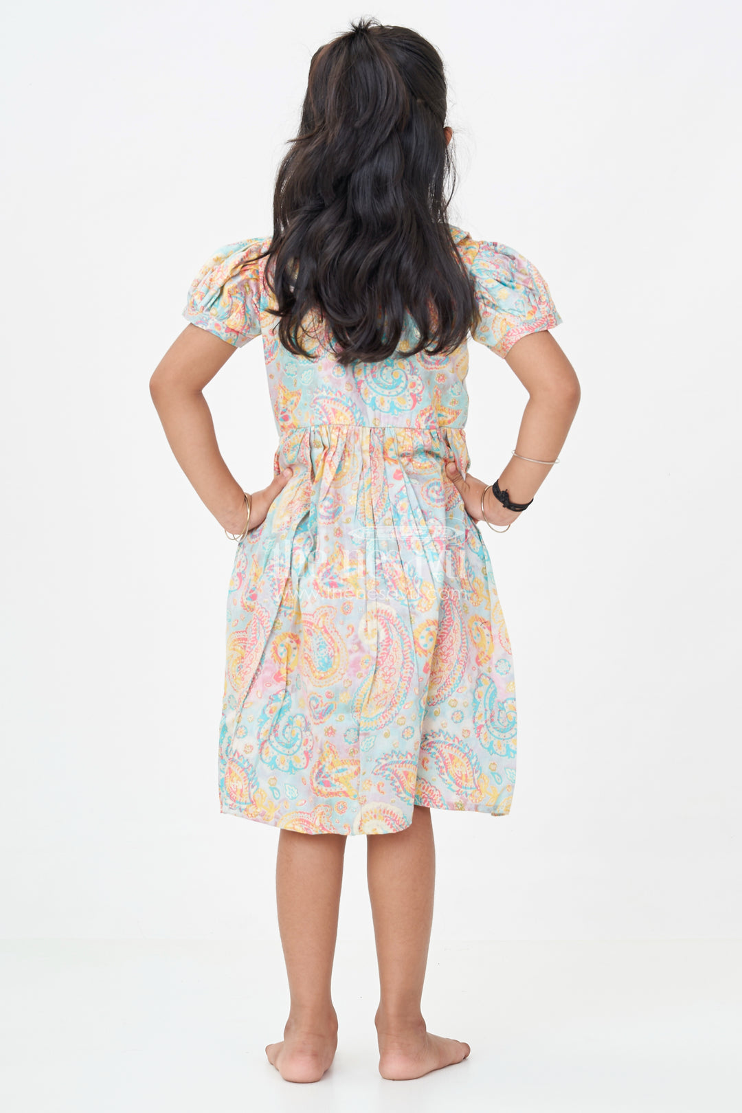 Girls Cotton Wear Dress with Vibrant Paisley Digital Prints and Pleated Waist for Casual Comfort