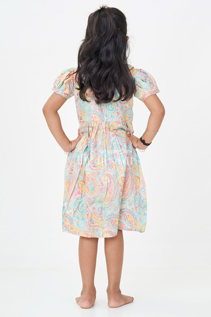 Girls Cotton Wear Dress with Vibrant Paisley Digital Prints and Pleated Waist for Casual Comfort