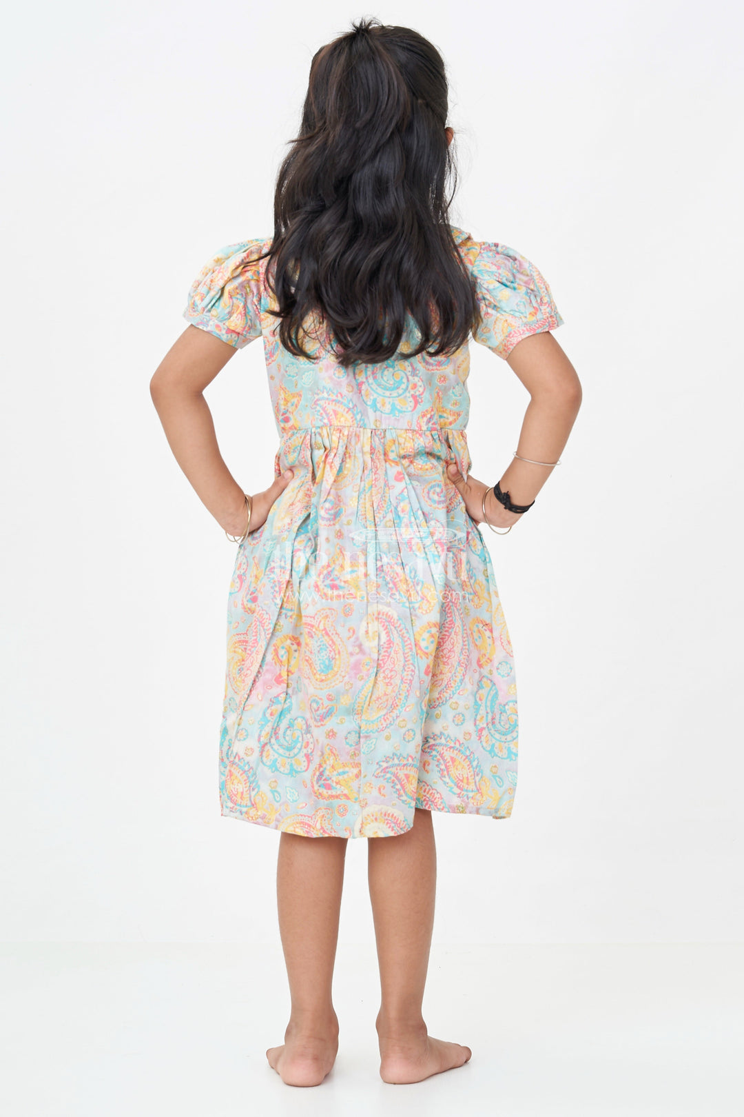 Girls Cotton Wear Dress with Vibrant Paisley Digital Prints and Pleated Waist for Casual Comfort