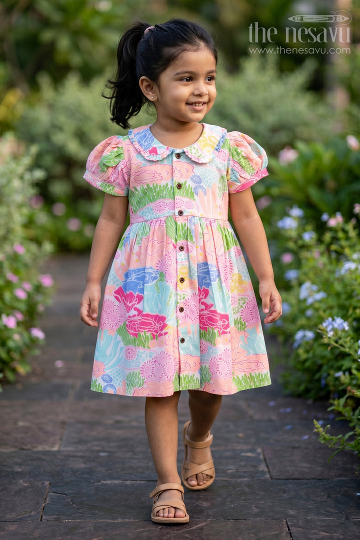 Girls Frocks Cotton Dress with Bright Digital Print and Colorful Ruffle Collar for Everyday Style