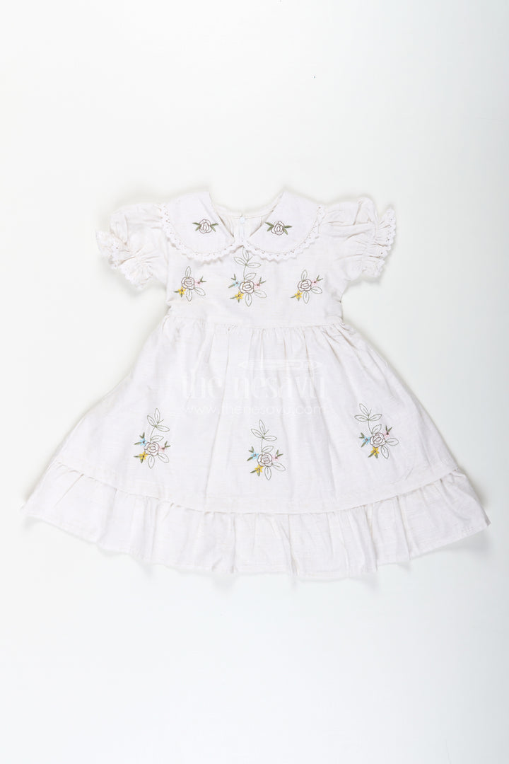 White Cotton Frocks for Girls with Floral Embroidery Puff Sleeves and Peter Pan Collar