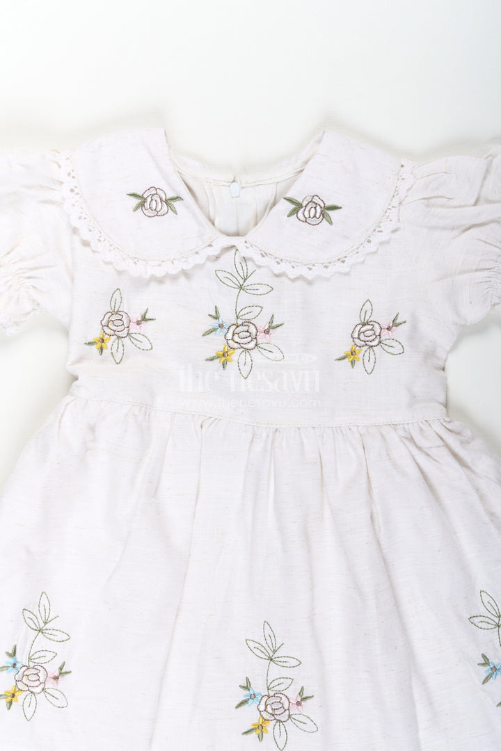 White Cotton Frocks for Girls with Floral Embroidery Puff Sleeves and Peter Pan Collar