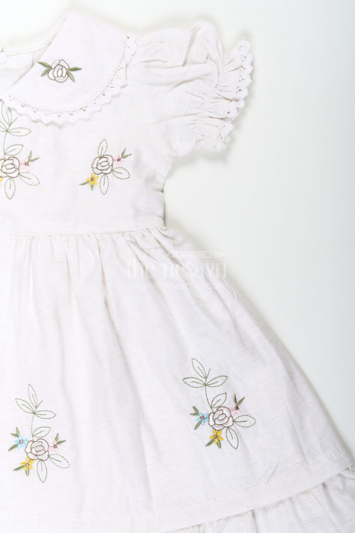 White Cotton Frocks for Girls with Floral Embroidery Puff Sleeves and Peter Pan Collar