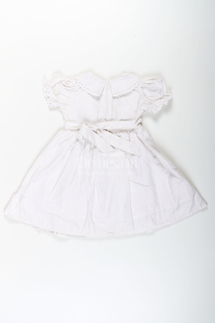 White Cotton Frocks for Girls with Floral Embroidery Puff Sleeves and Peter Pan Collar