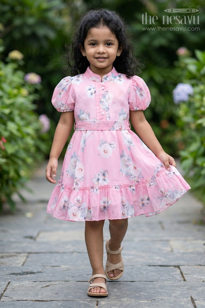 Party Wear Frock for Kid Girls in Pink Chiffon with Digital Floral Print and Puff Sleeves