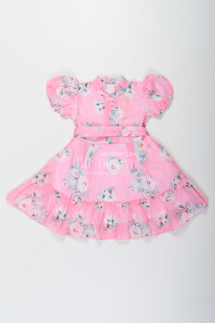 Party Wear Frock for Kid Girls in Pink Chiffon with Digital Floral Print and Puff Sleeves