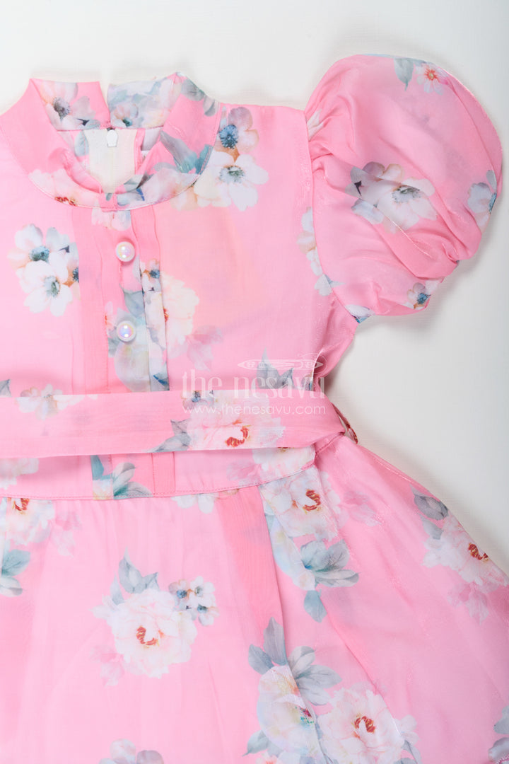 Party Wear Frock for Kid Girls in Pink Chiffon with Digital Floral Print and Puff Sleeves