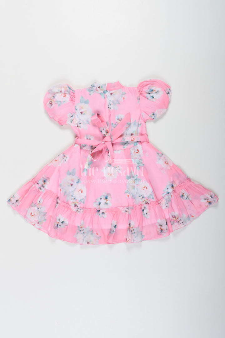 Party Wear Frock for Kid Girls in Pink Chiffon with Digital Floral Print and Puff Sleeves