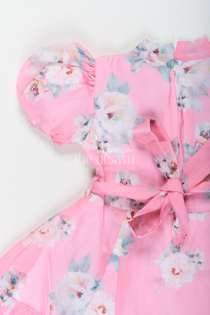 Party Wear Frock for Kid Girls in Pink Chiffon with Digital Floral Print and Puff Sleeves
