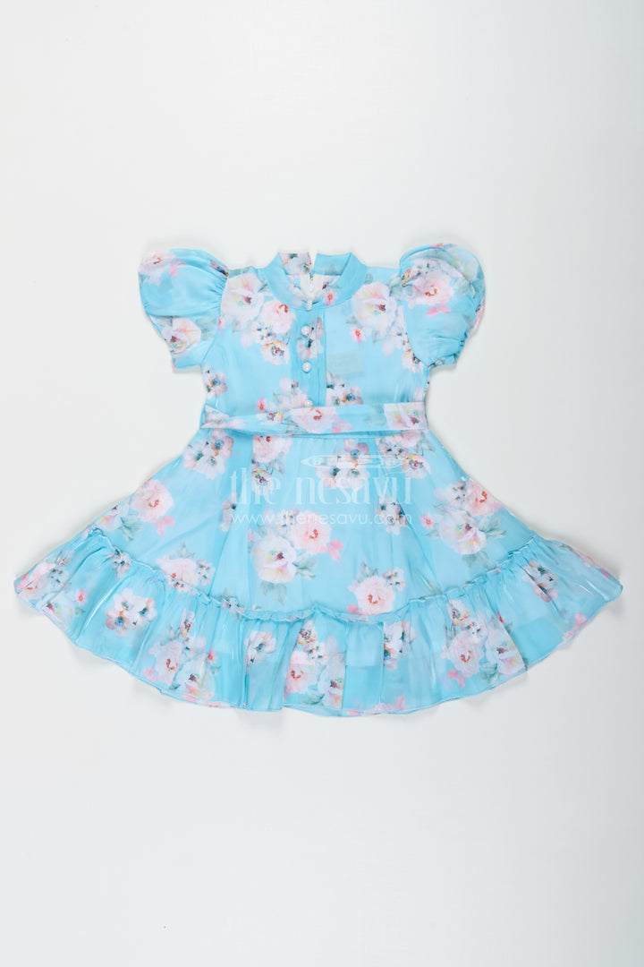 Cotton Ethnic Frock for Girls in Aqua Blue Chiffon with Digital Floral Print and Ruffle Details