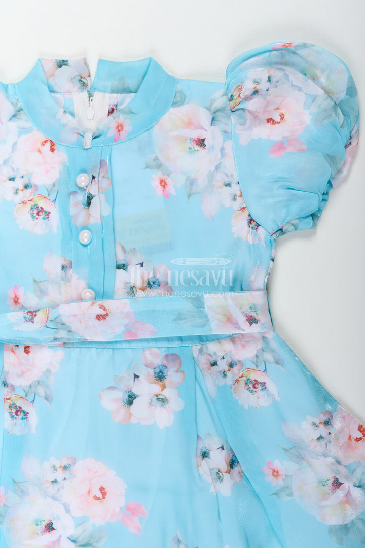 Cotton Ethnic Frock for Girls in Aqua Blue Chiffon with Digital Floral Print and Ruffle Details