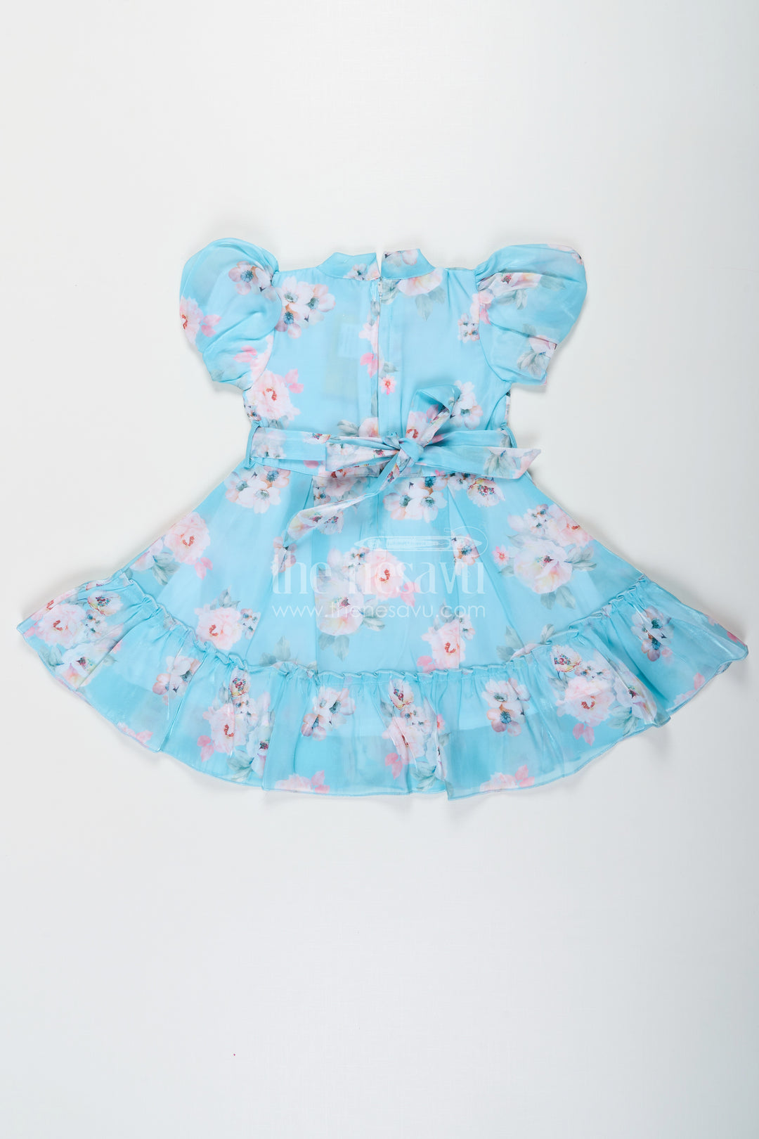 Cotton Ethnic Frock for Girls in Aqua Blue Chiffon with Digital Floral Print and Ruffle Details