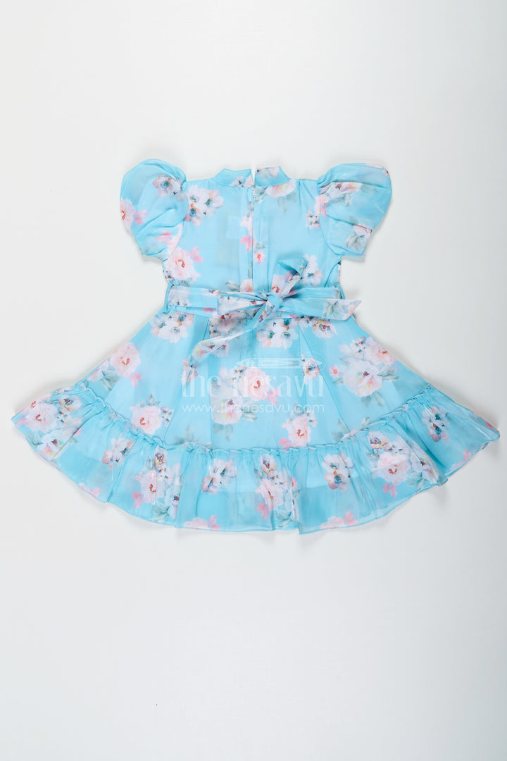Cotton Ethnic Frock for Girls in Aqua Blue Chiffon with Digital Floral Print and Ruffle Details