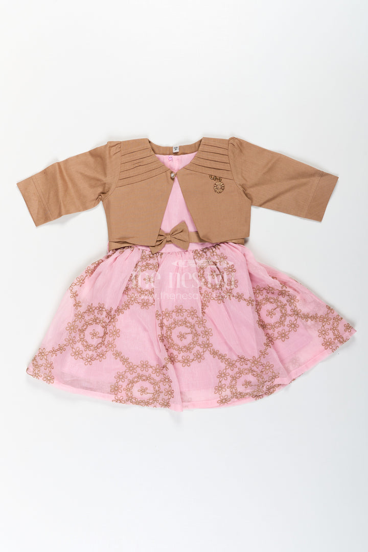 Work Frock for Girls in Pink and Brown with Cotton Blend and Embroidered Overlay Jacket