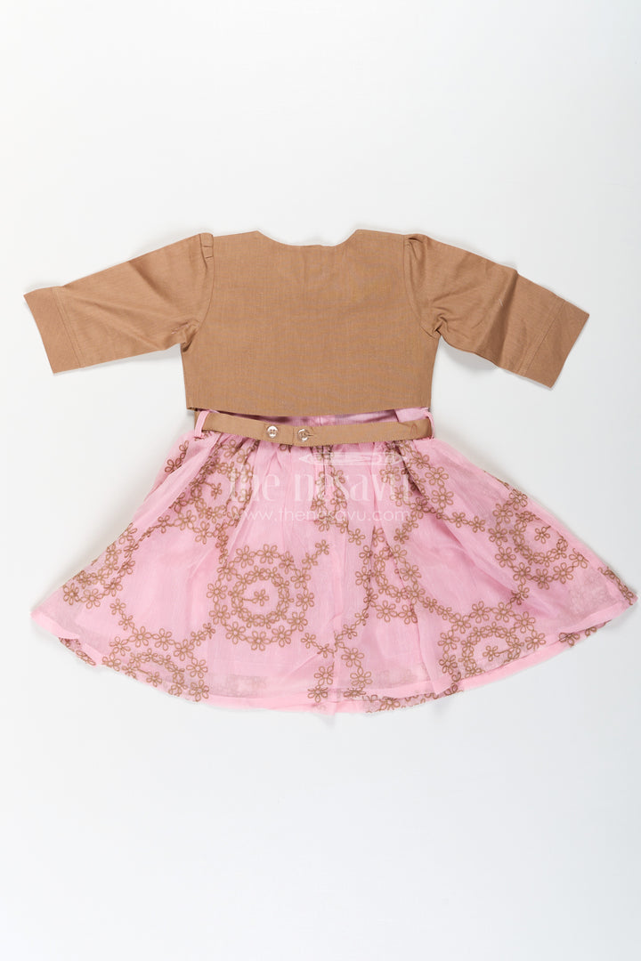 Work Frock for Girls in Pink and Brown with Cotton Blend and Embroidered Overlay Jacket