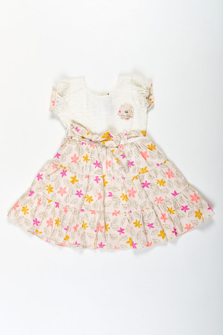Girls Party Wear Cotton Frock with Eyelet Hakoba Top and Colorful Digital Print Skirt