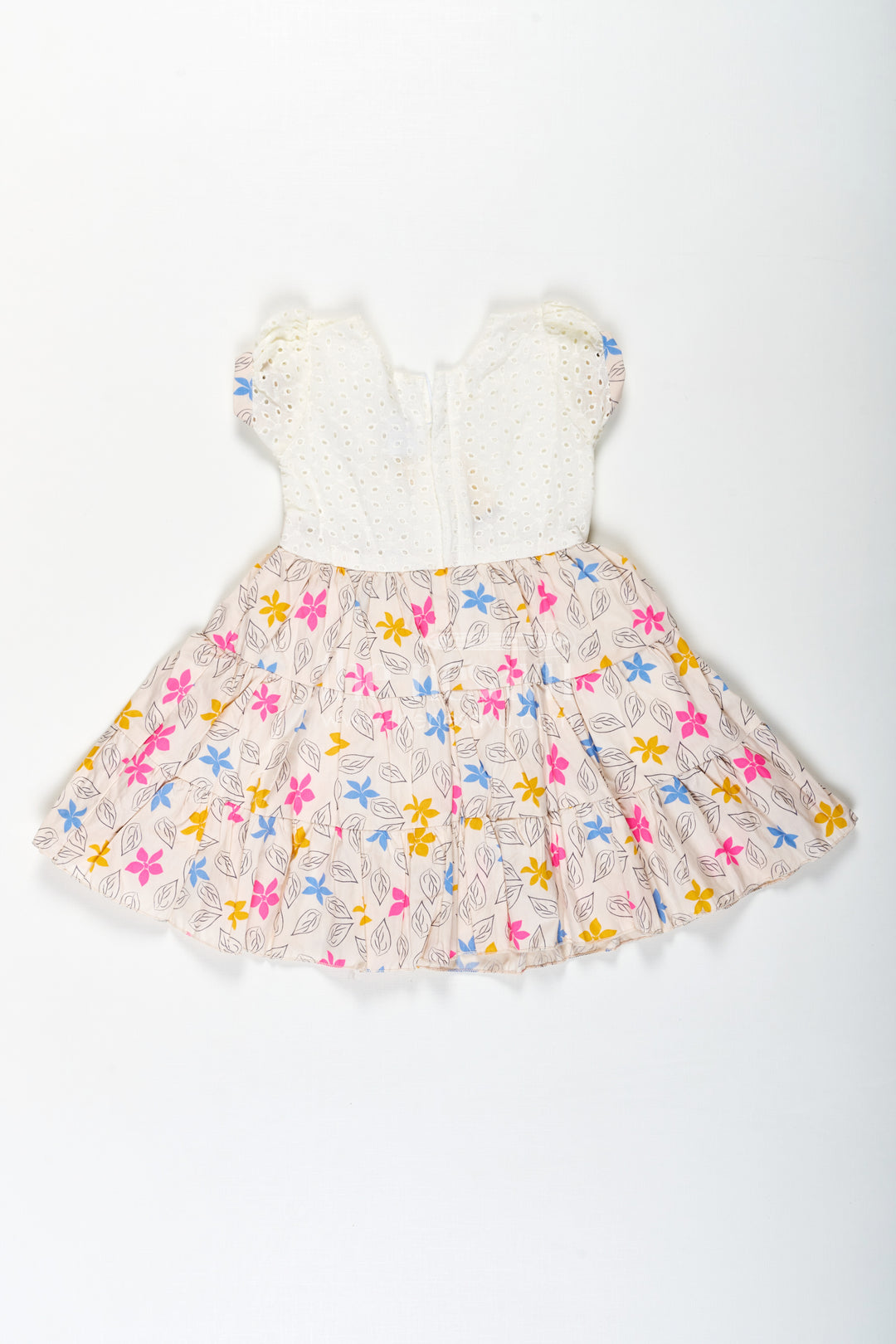 Girls Party Wear Cotton Frock with Eyelet Hakoba Top and Colorful Digital Print Skirt