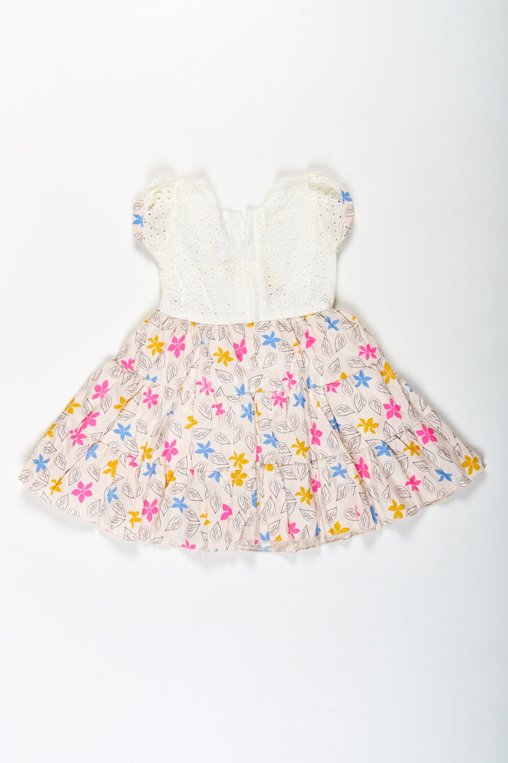 Girls Party Wear Cotton Frock with Eyelet Hakoba Top and Colorful Digital Print Skirt