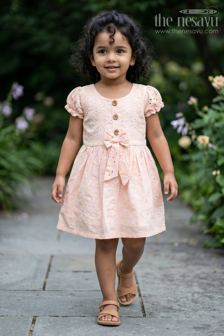 Girls Cotton Sleeveless Dress in Pastel Peach with All-Over Hakoba Floral Embroidery