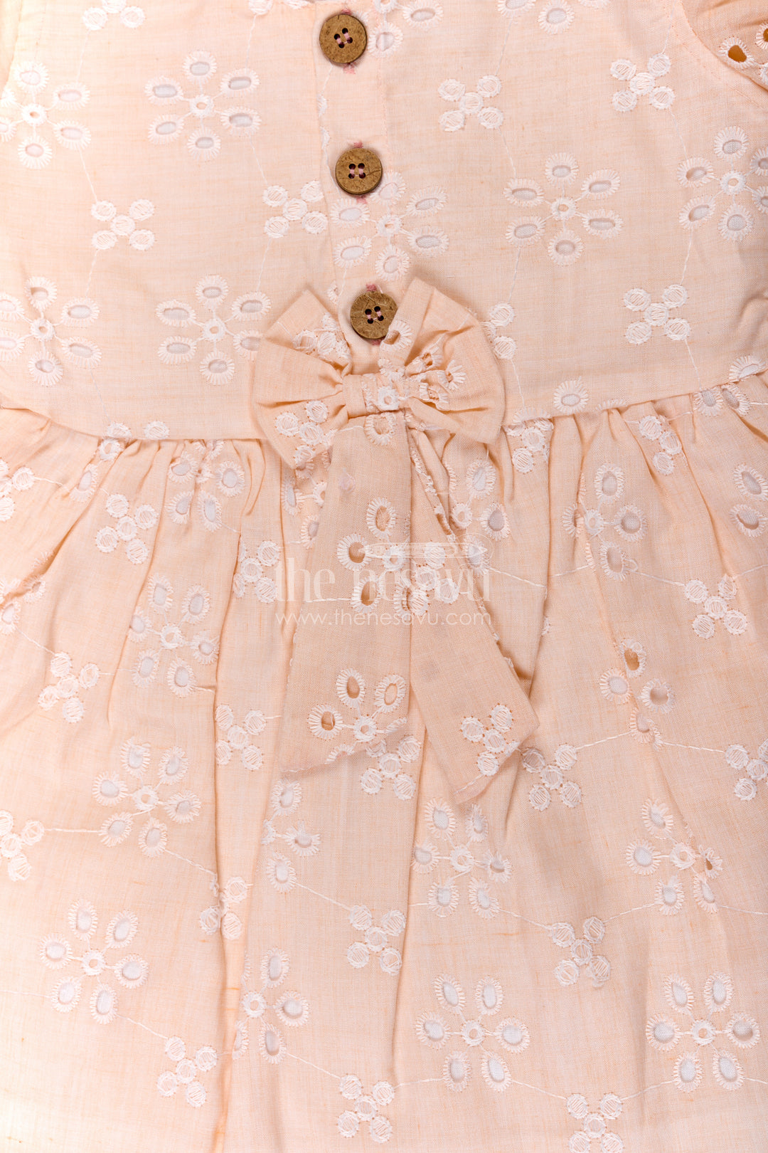 Girls Cotton Sleeveless Dress in Pastel Peach with All-Over Hakoba Floral Embroidery