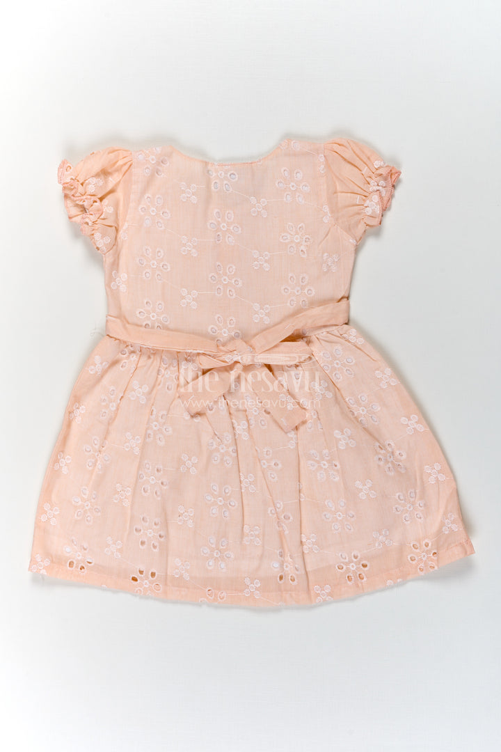 Girls Cotton Sleeveless Dress in Pastel Peach with All-Over Hakoba Floral Embroidery