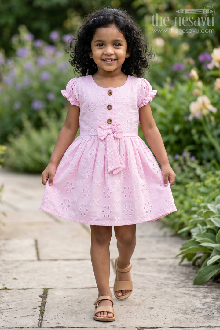 Girls Pink Cotton Dress with Hakoba Floral Embroidery and Puff Sleeves for Everyday Wear